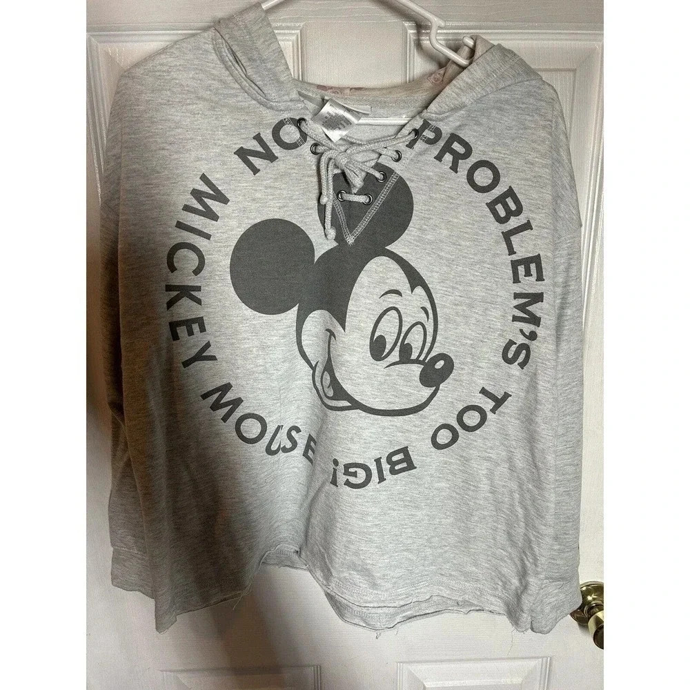 Disney Parks Mickey Mouse Hoodie Gray Sweatshirt Lace Up Women’s Size L